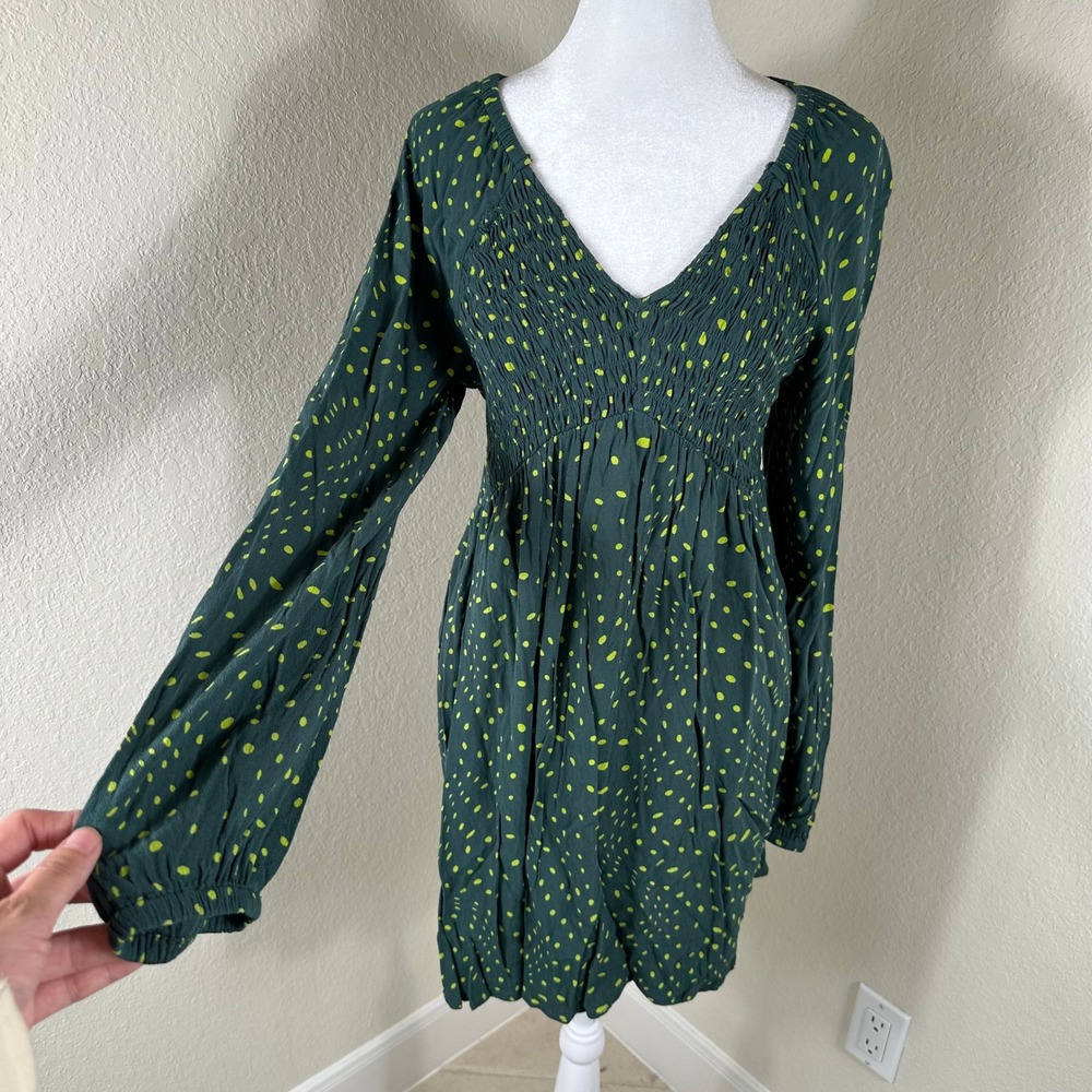 BP Smocked Mini Dress Women S Green Polka‎ Dot Boho Cottagecore Long Sleeve New
